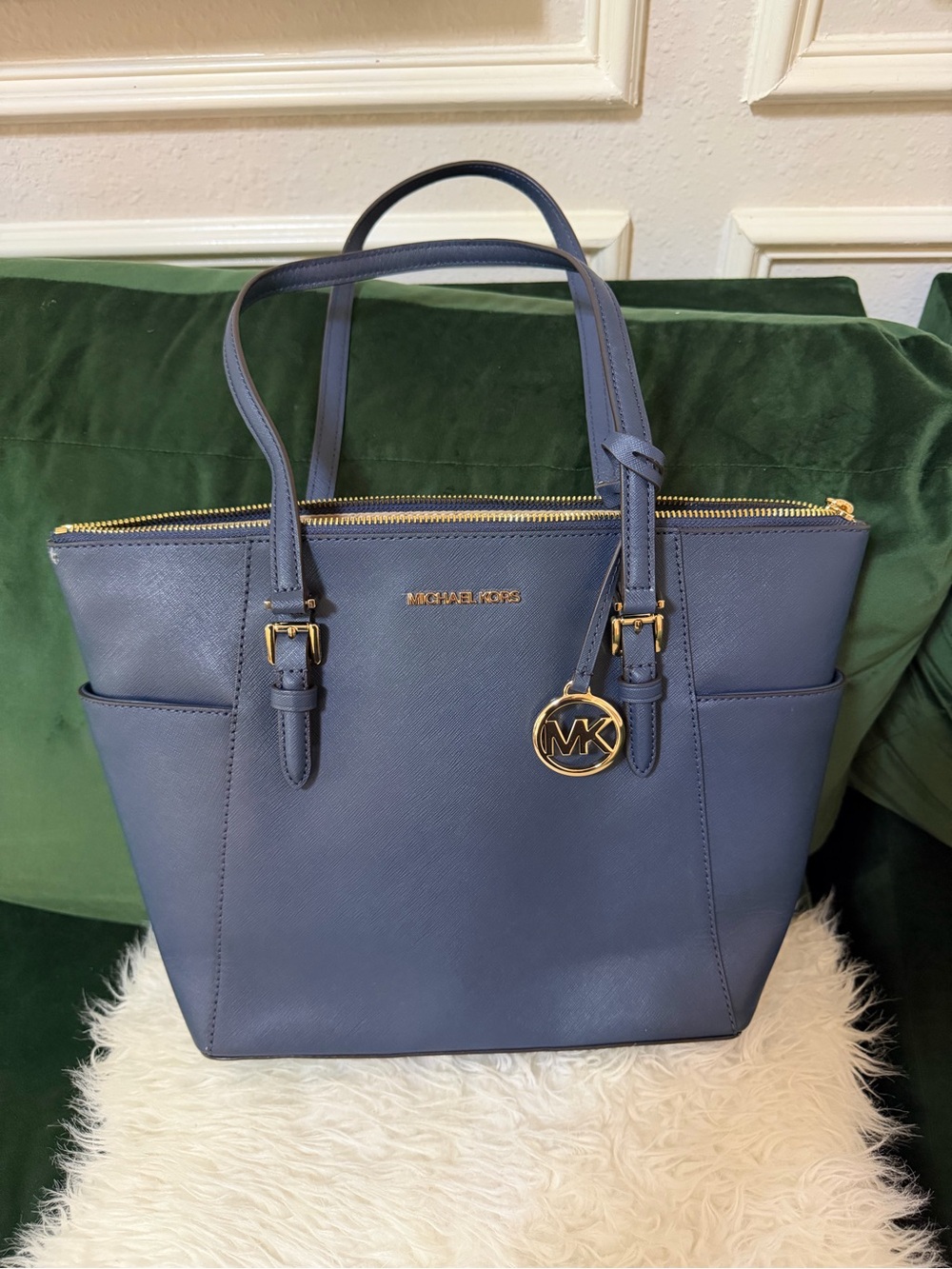 Michael Kors Blue Saffiano Leather Tote with Gold Hardware